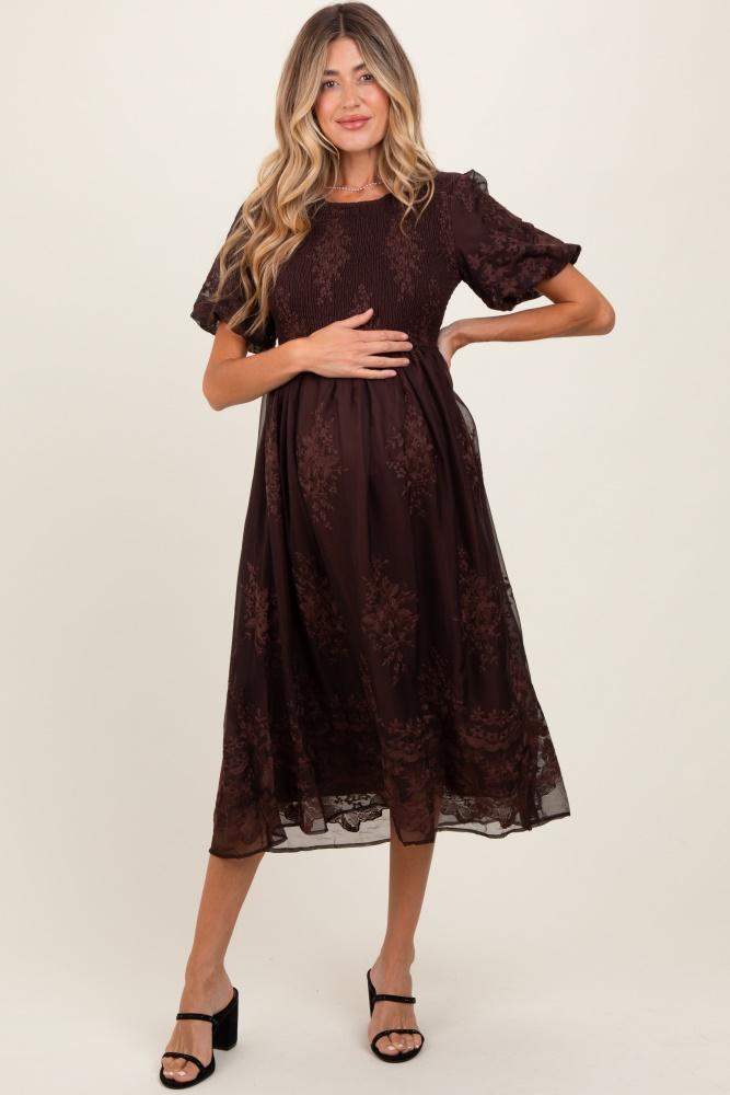 brown floral embroidered mesh overlay smocked maternity midi dress