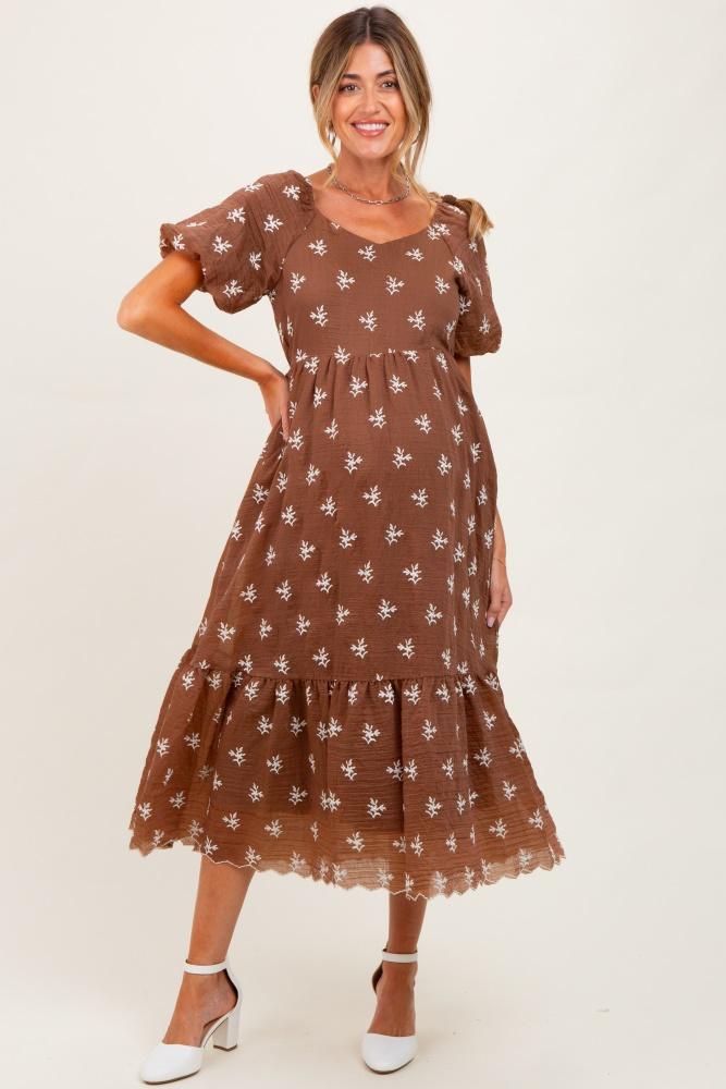 brown floral embroidered tiered maternity midi dress
