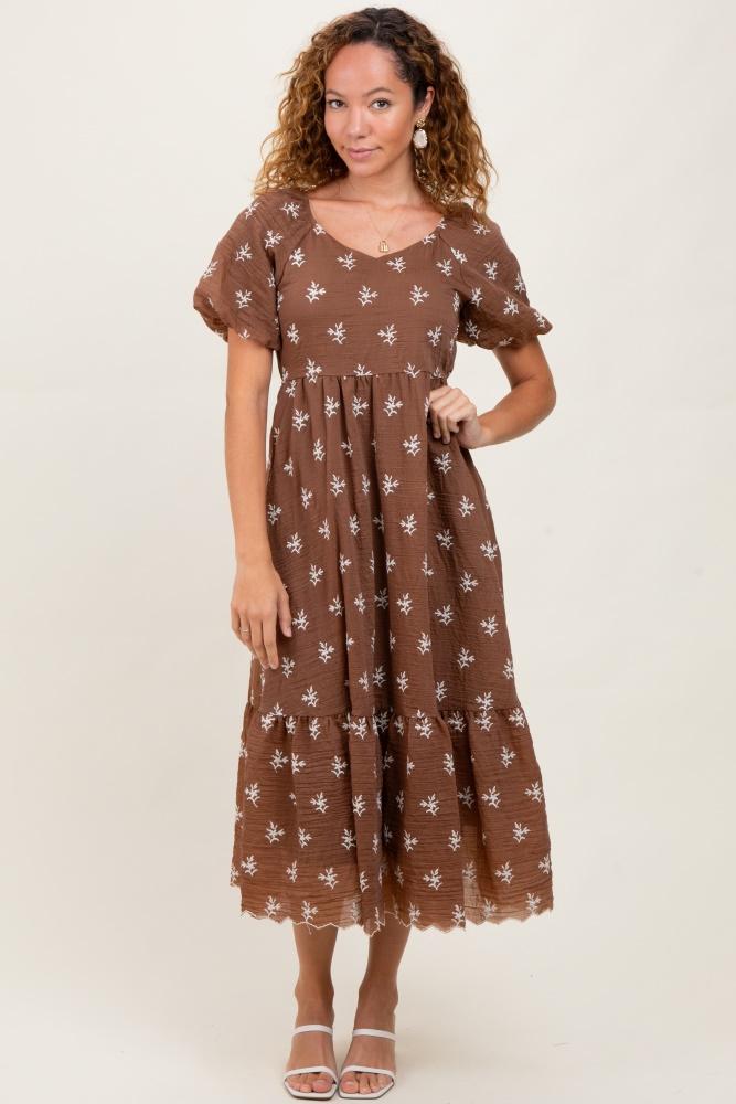 brown floral embroidered tiered midi dress
