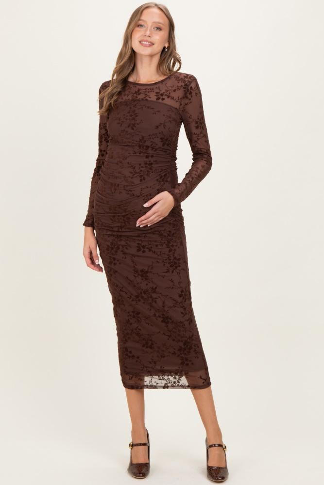 brown floral flocked mesh long sleeve maternity midi dress