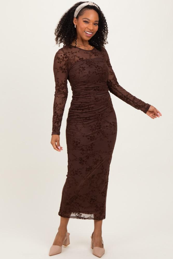 brown floral flocked mesh long sleeve midi dress