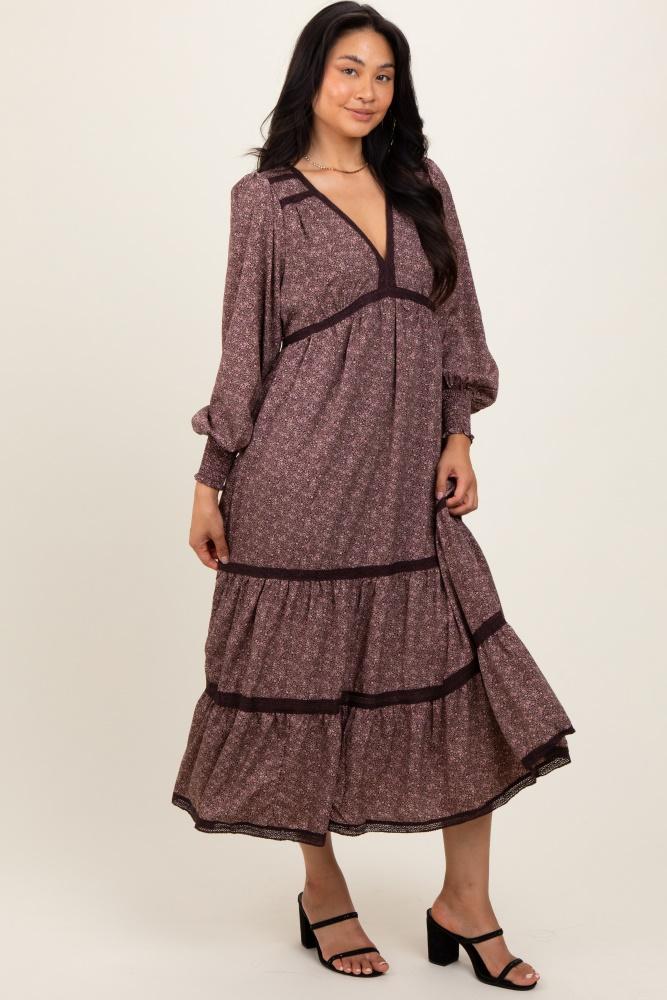 brown floral lace trim bubble sleeve maxi dress