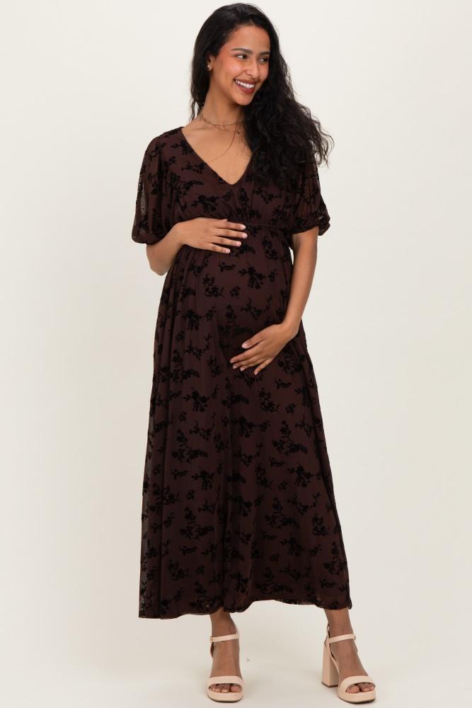 brown floral mesh 3/4 sleeve v-neck maternity maxi dress