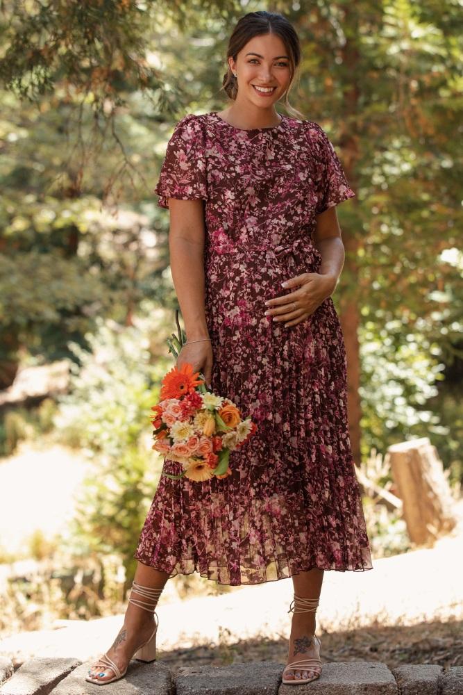 brown floral pleated maternity midi dress