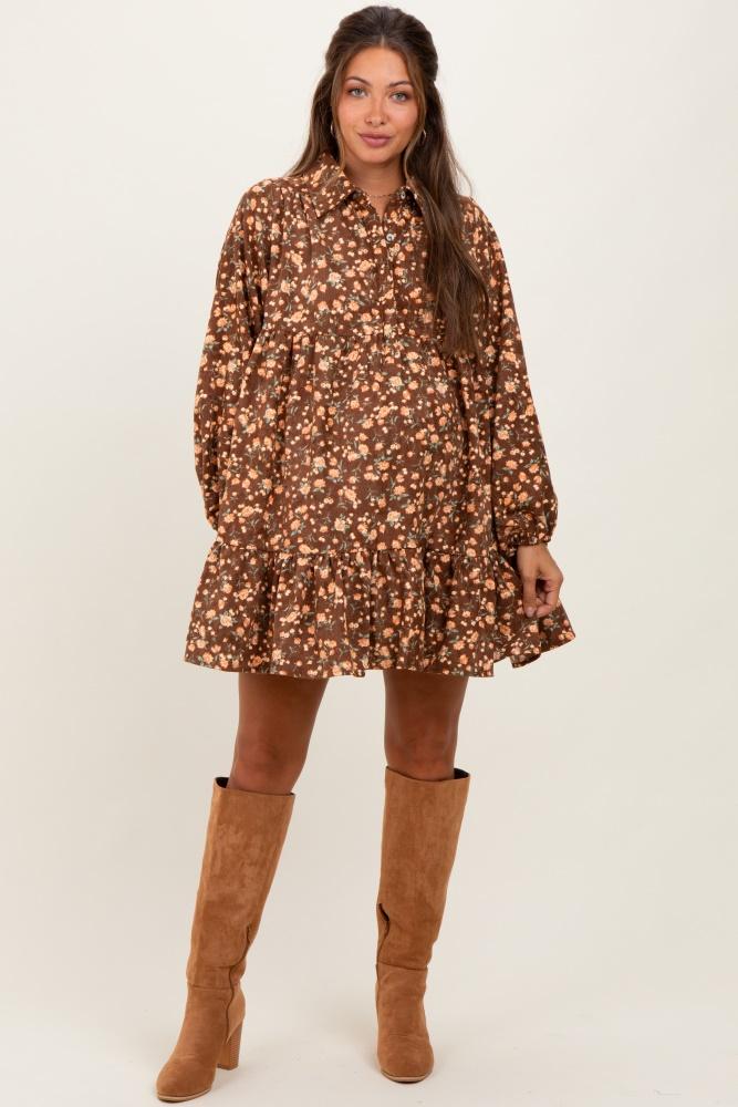 brown floral print shirring half buttoned maternity shirt dress