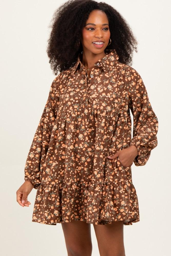 brown floral print shirring half buttoned shirt dress