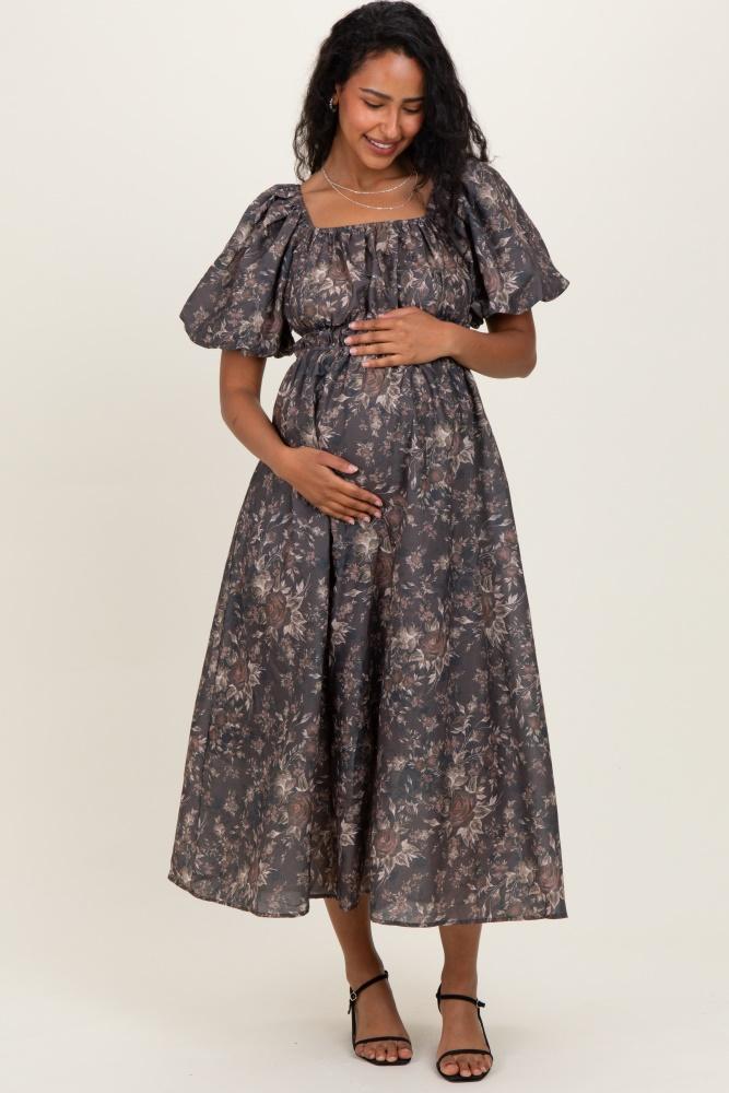 brown floral puff sleeve maternity midi dress