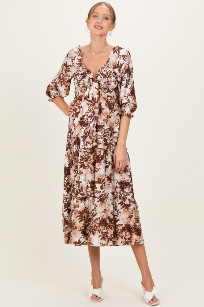brown floral smocked front tie maternity maxi dress