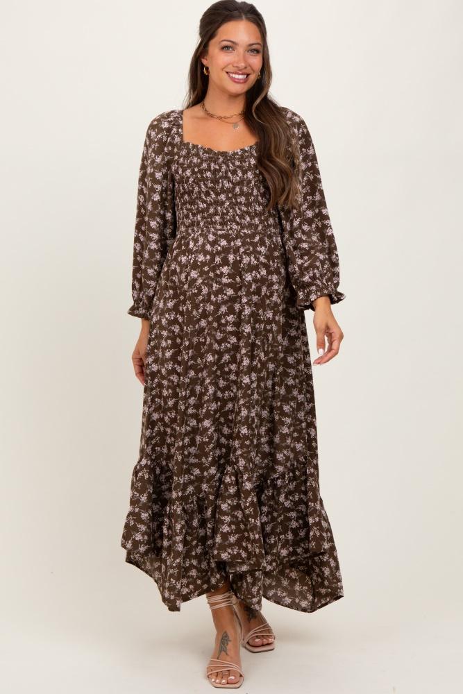 brown floral smocked handkerchief hem maternity maxi dress
