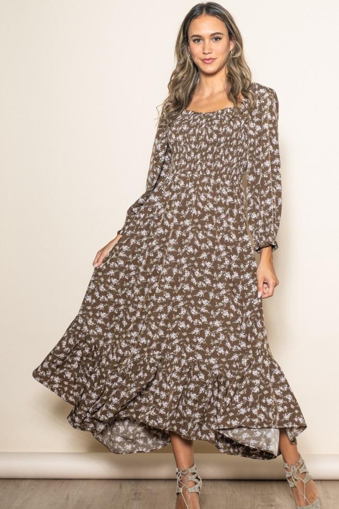 brown floral smocked handkerchief hem maxi dress