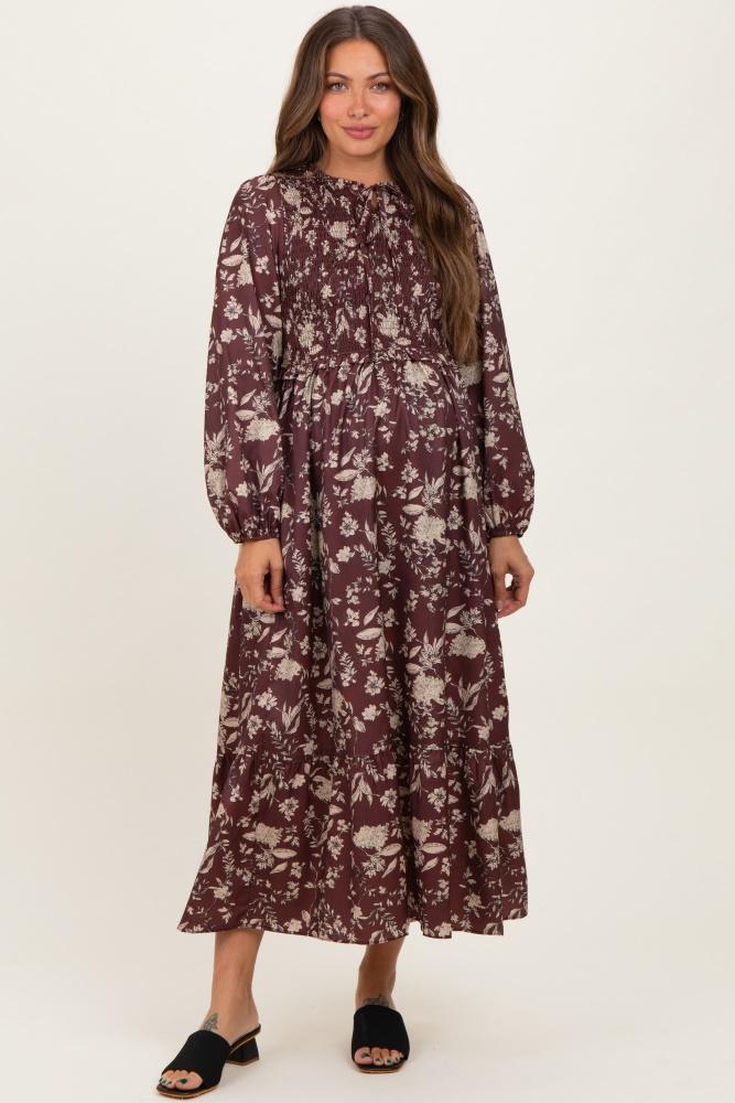 brown floral smocked long sleeve maternity midi dress