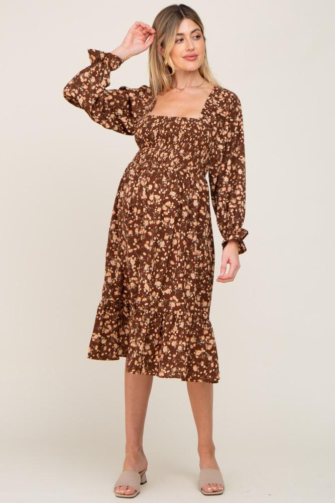 brown floral smocked long sleeve maternity midi dress