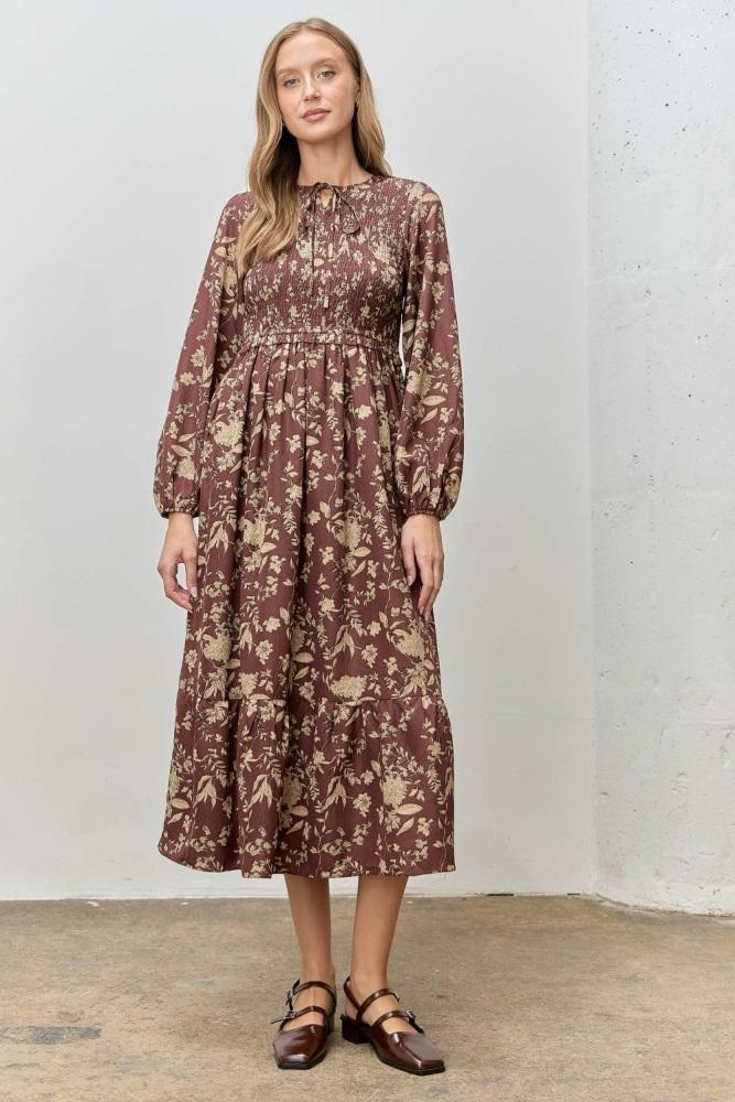 brown floral smocked long sleeve midi dress