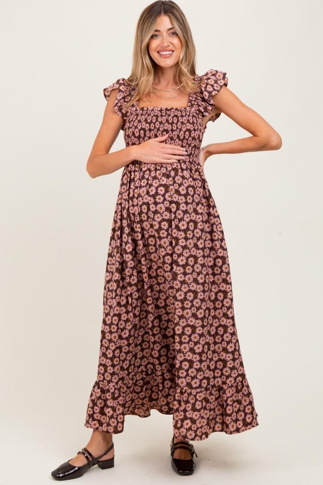 brown floral smocked maternity midi dress
