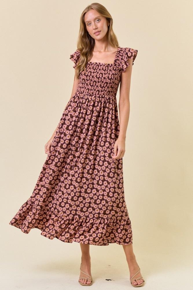 brown floral smocked midi dress