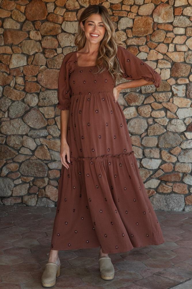 brown floral smocked puff sleeve maternity maxi dress