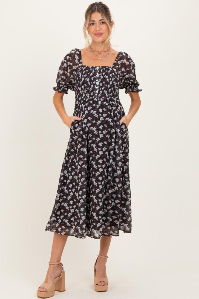 brown floral smocked puff sleeve maternity midi dress
