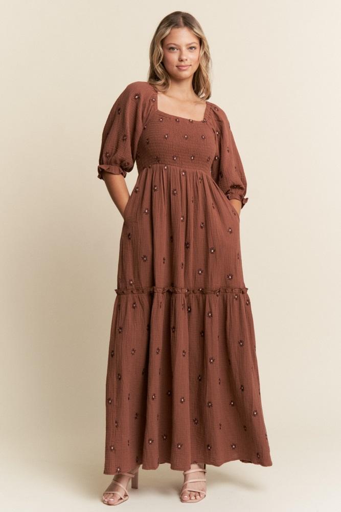 brown floral smocked puff sleeve maxi dress