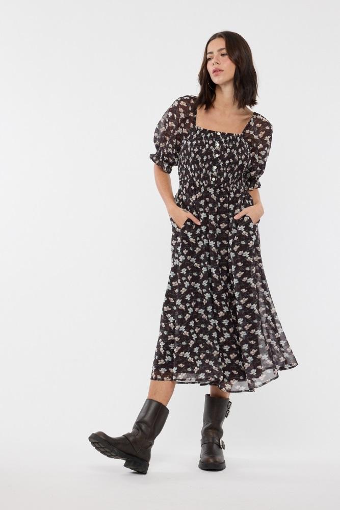 brown floral smocked puff sleeve midi dress