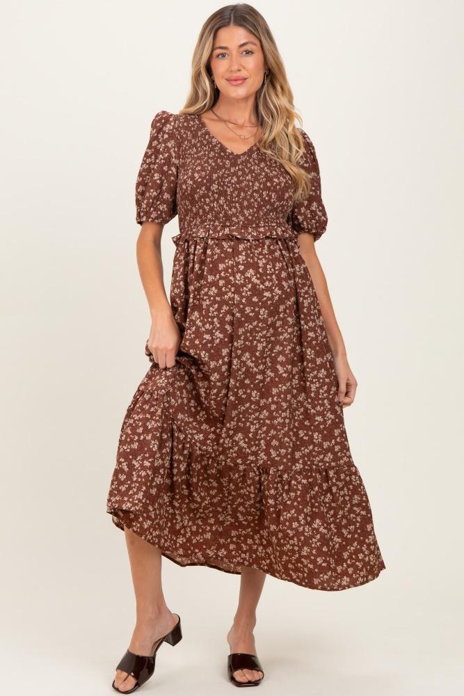 brown floral smocked short sleeve maternity midi dress
