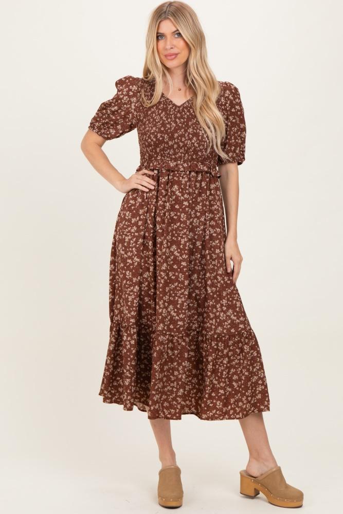 brown floral smocked short sleeve midi dress
