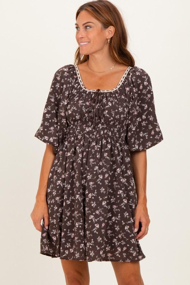 brown floral square neck bubble sleeve dress