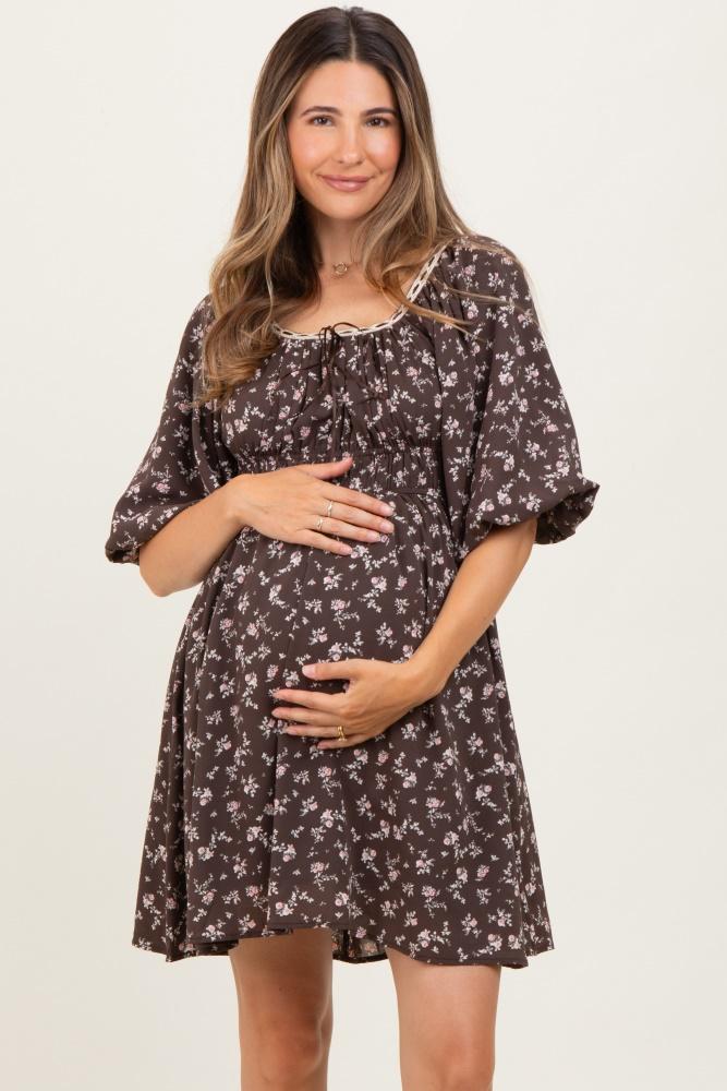 brown floral square neck bubble sleeve maternity dress