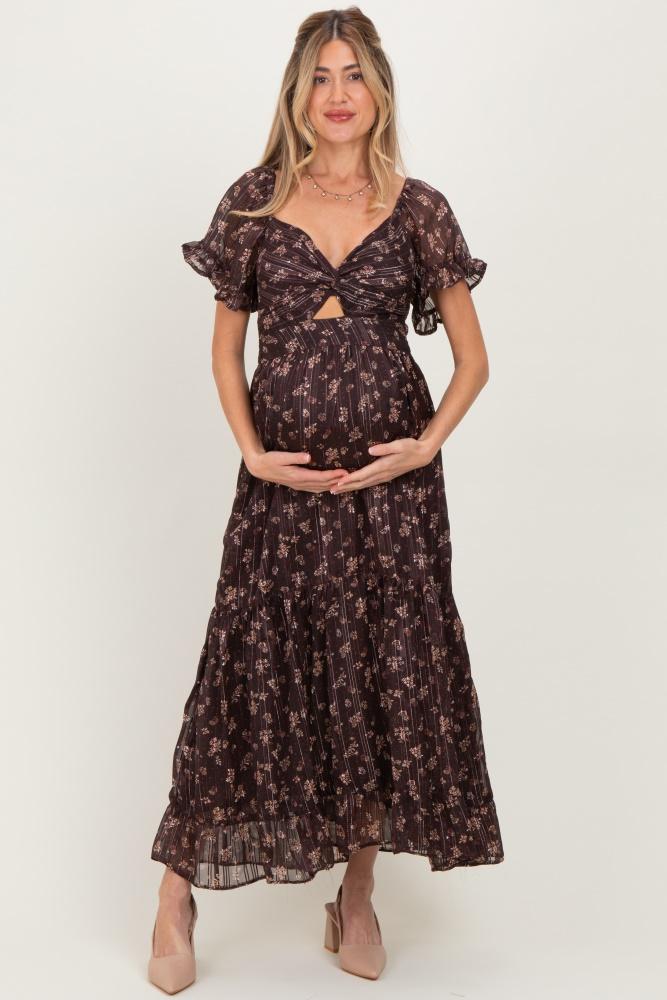 brown floral stripe twist front cutout maternity maxi dress