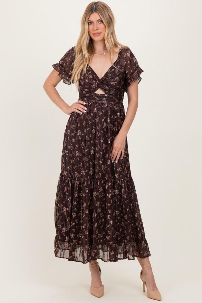 brown floral stripe twist front cutout maxi dress