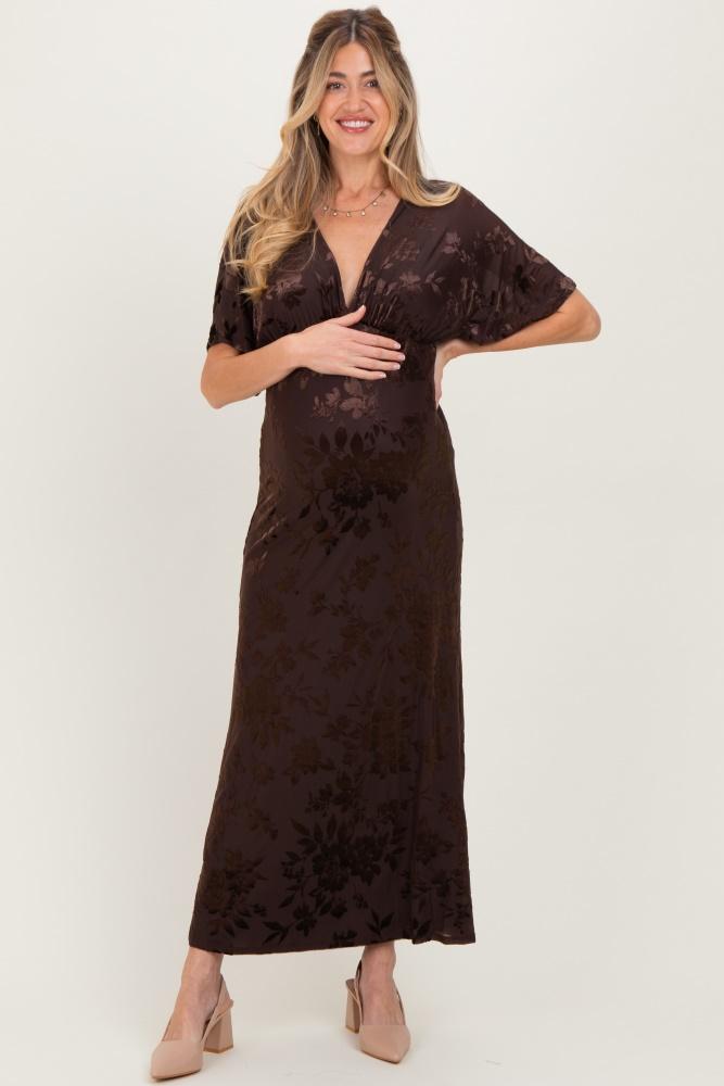 brown floral velvet v-neck short sleeve maternity maxi dress