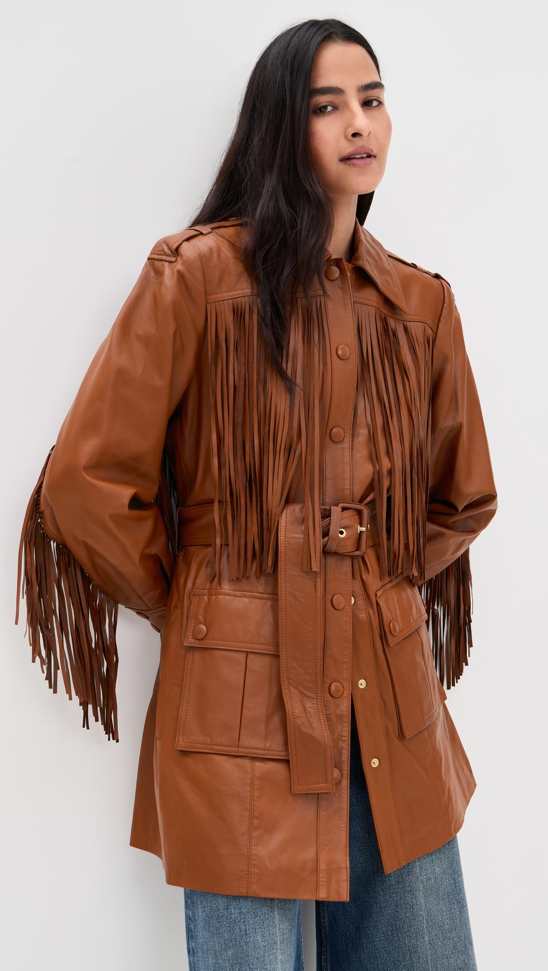 brown fringe leather coat