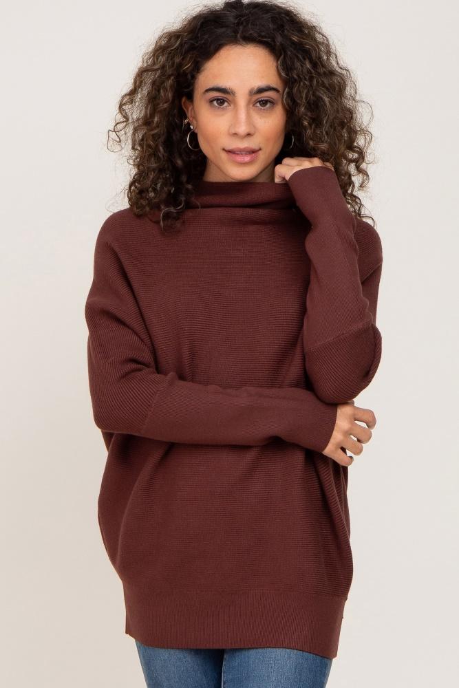 brown funnel neck dolman sleeve sweater