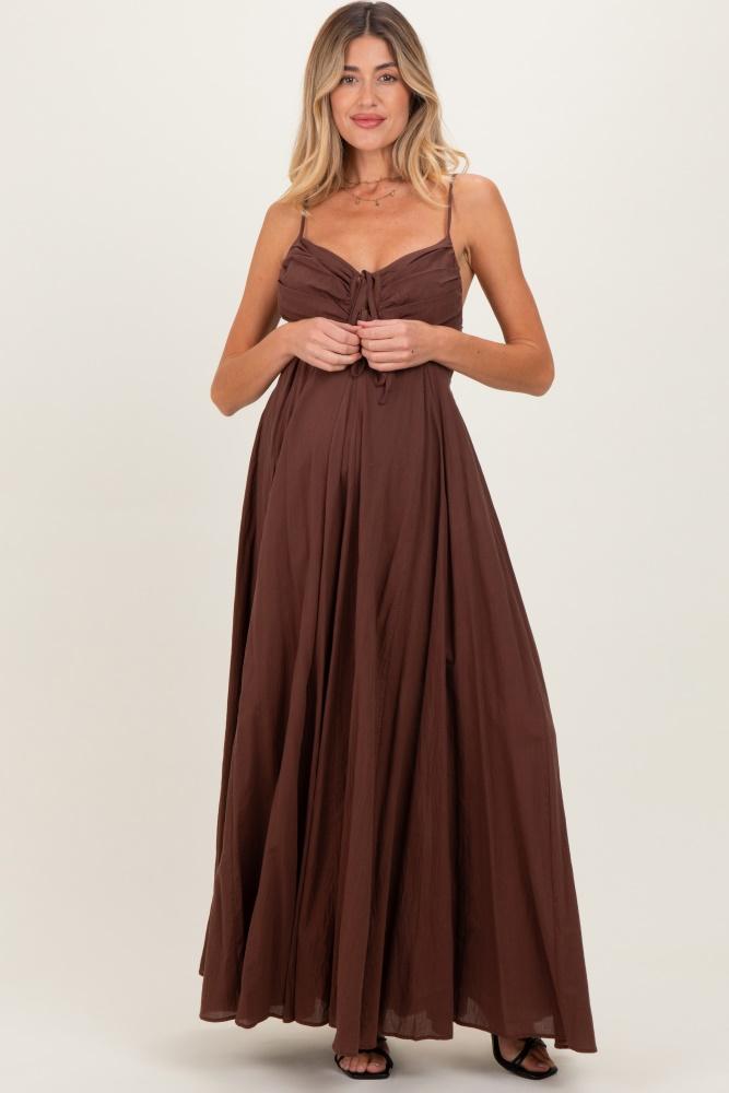brown gathered tie front maternity maxi dress