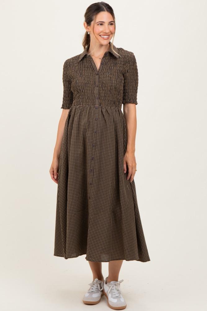brown gingham smocked button down maternity midi dress