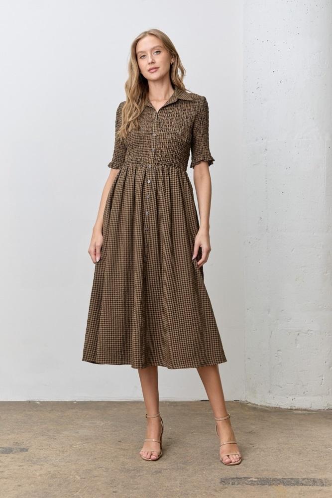 brown gingham smocked button down midi dress