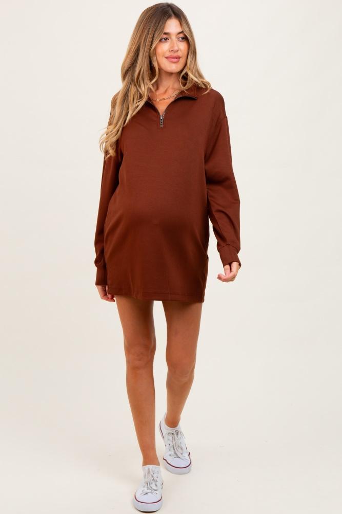 brown half zip long sleeve maternity mini dress