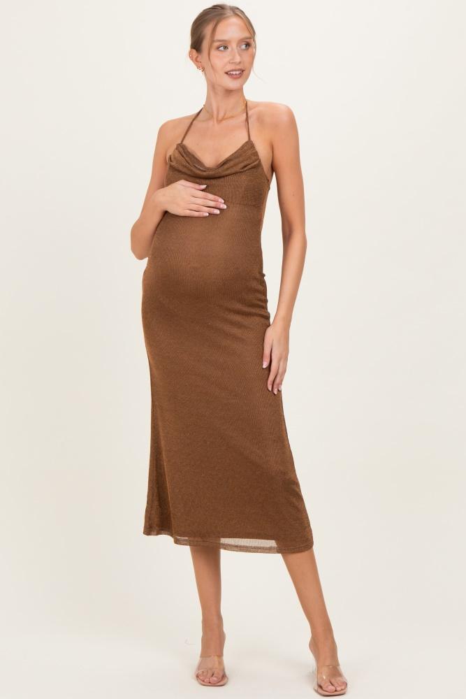 brown halter cowl neck maternity midi dress