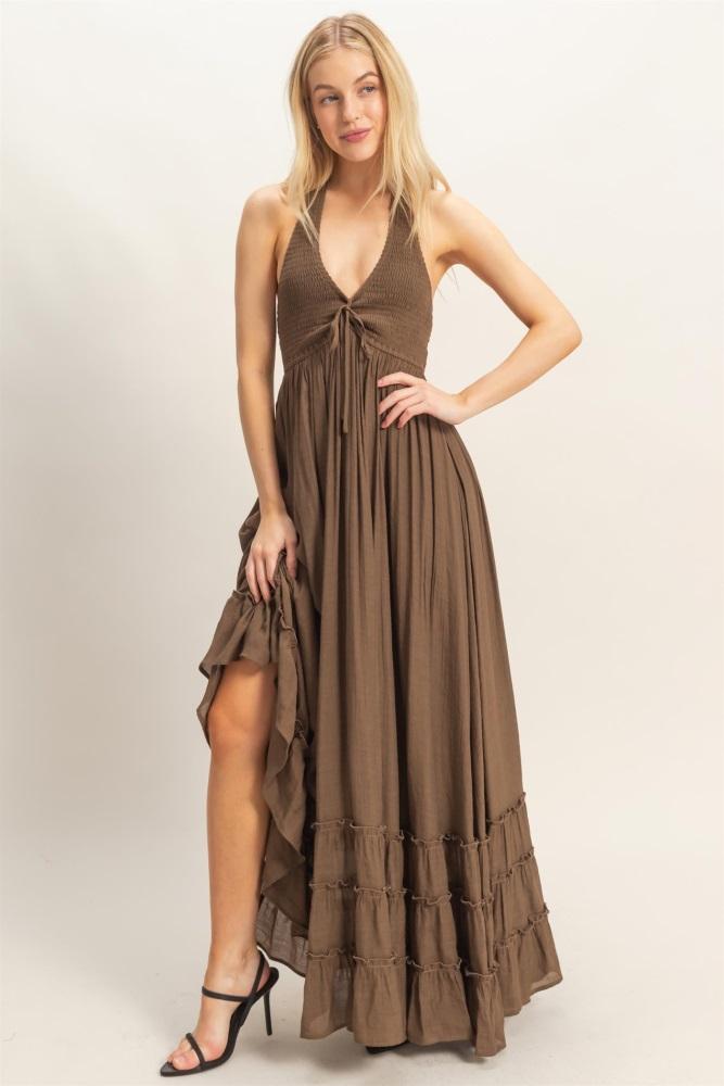brown halter neck smocked maxi dress