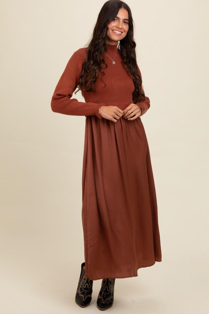 brown knit contrast top satin midi dress