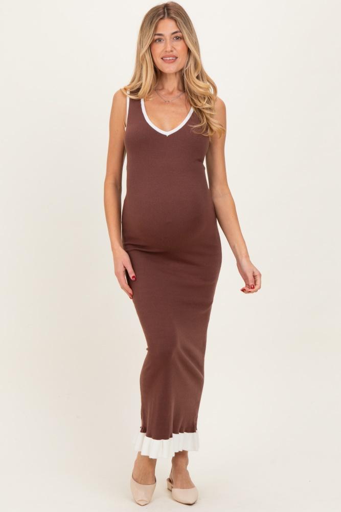 brown knit v-neck contrast ruffle hem maternity maxi dress