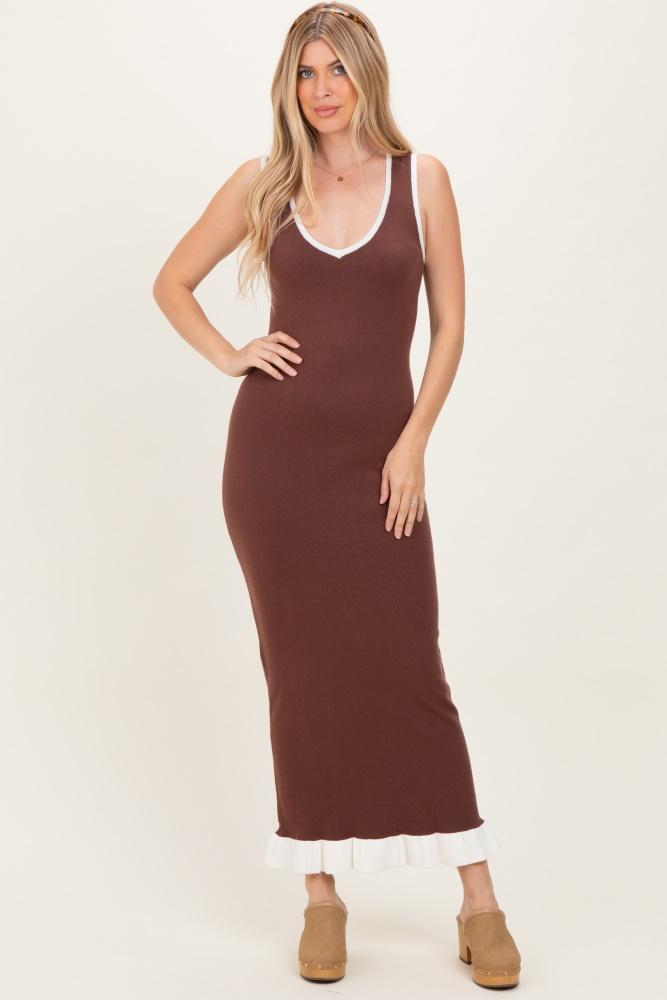 brown knit v-neck contrast ruffle hem maxi dress