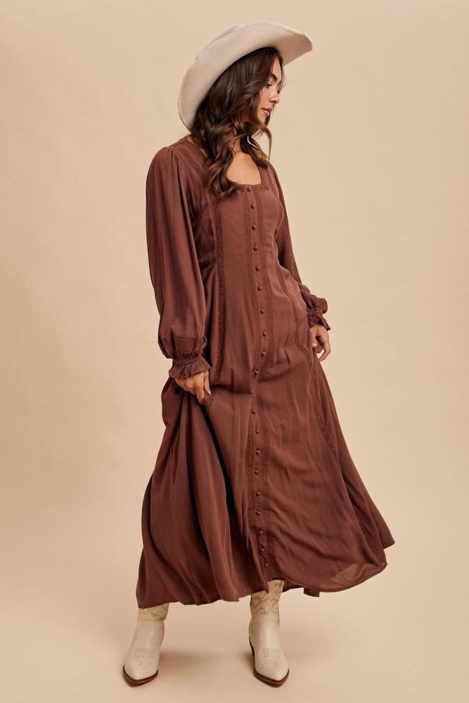 brown lace detail button down maxi dress