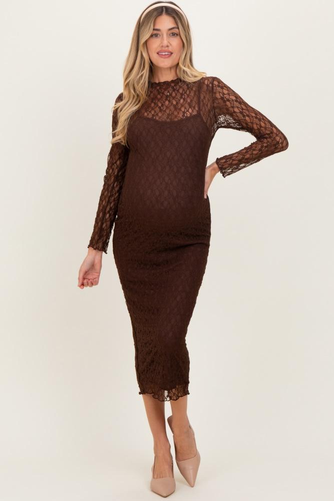 brown lace overlay fitted maternity midi dress