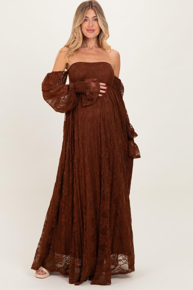 brown lace smocked long sleeve off shoulder maternity maxi dress