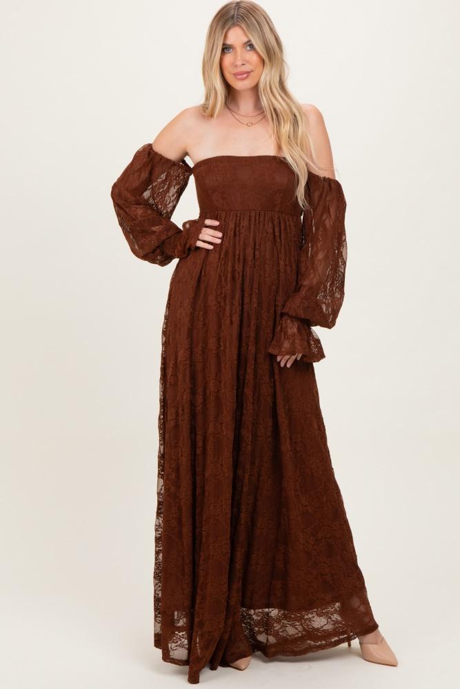 brown lace smocked long sleeve off shoulder maxi dress
