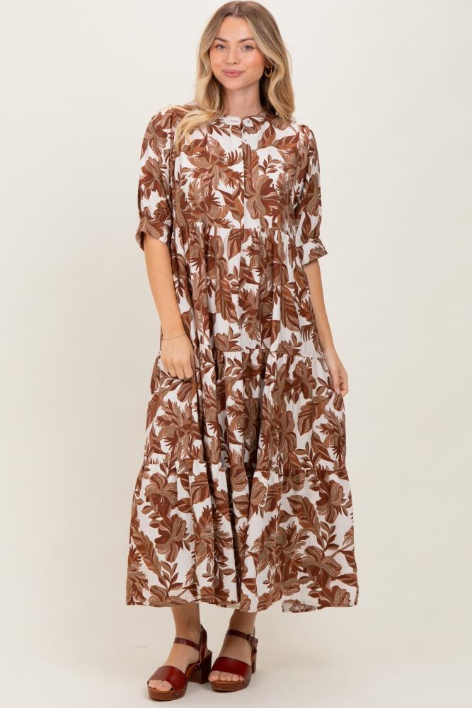 brown leaf print tiered midi dress