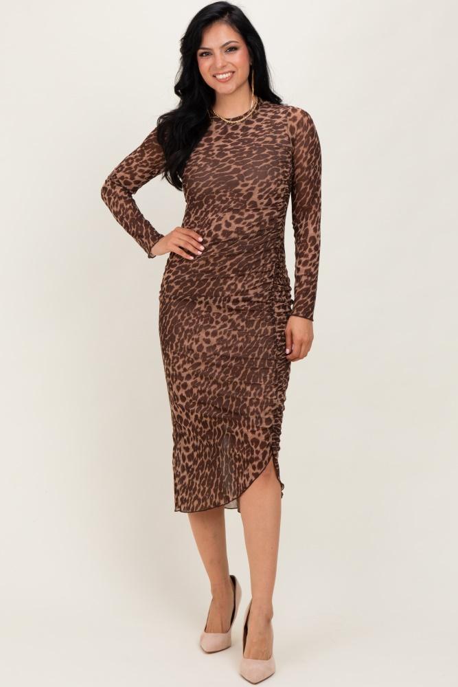brown leopard print mesh dress
