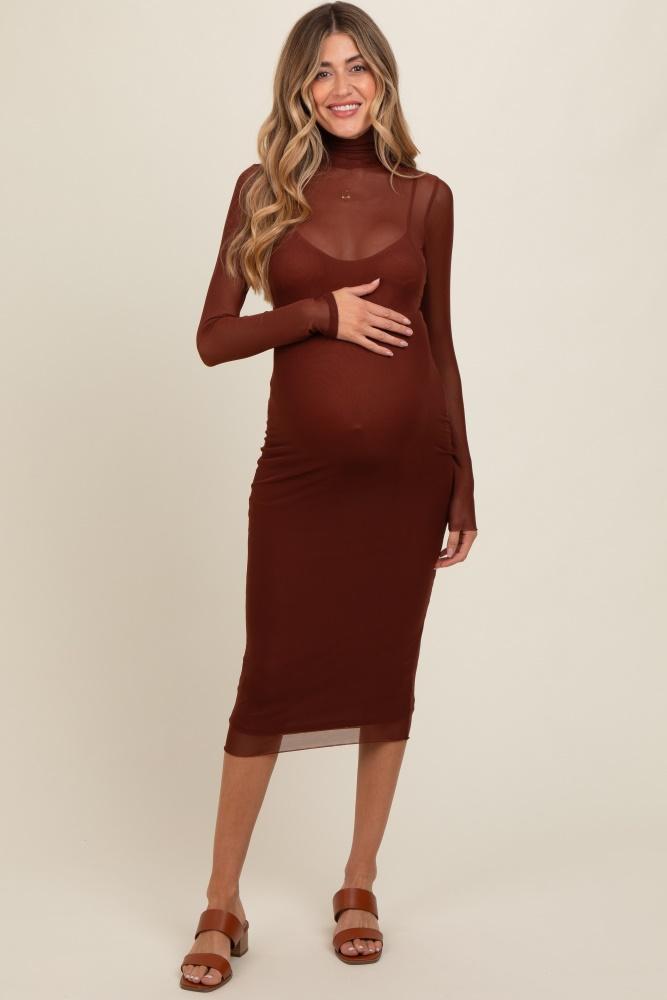 brown mesh overlay fitted maternity midi dress