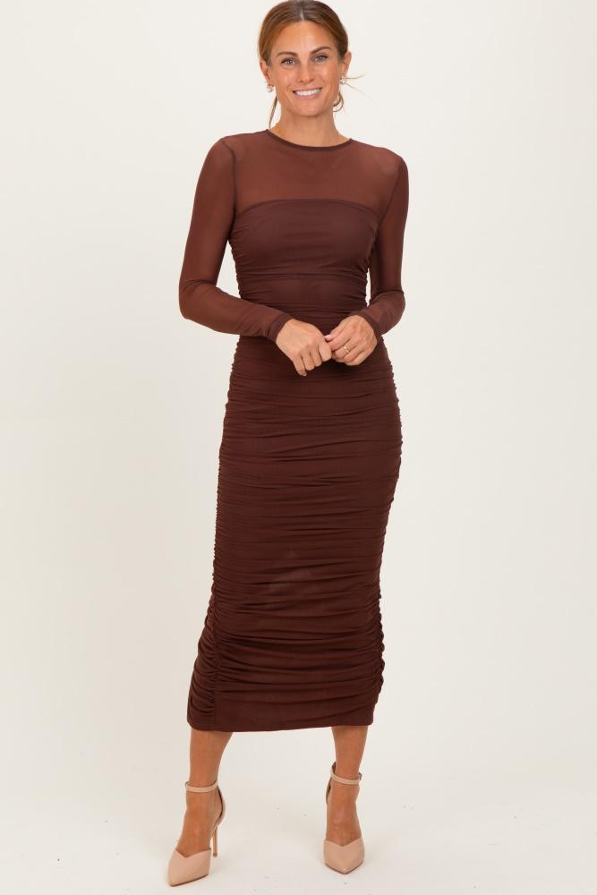 brown mesh ruched long sleeve midi dress