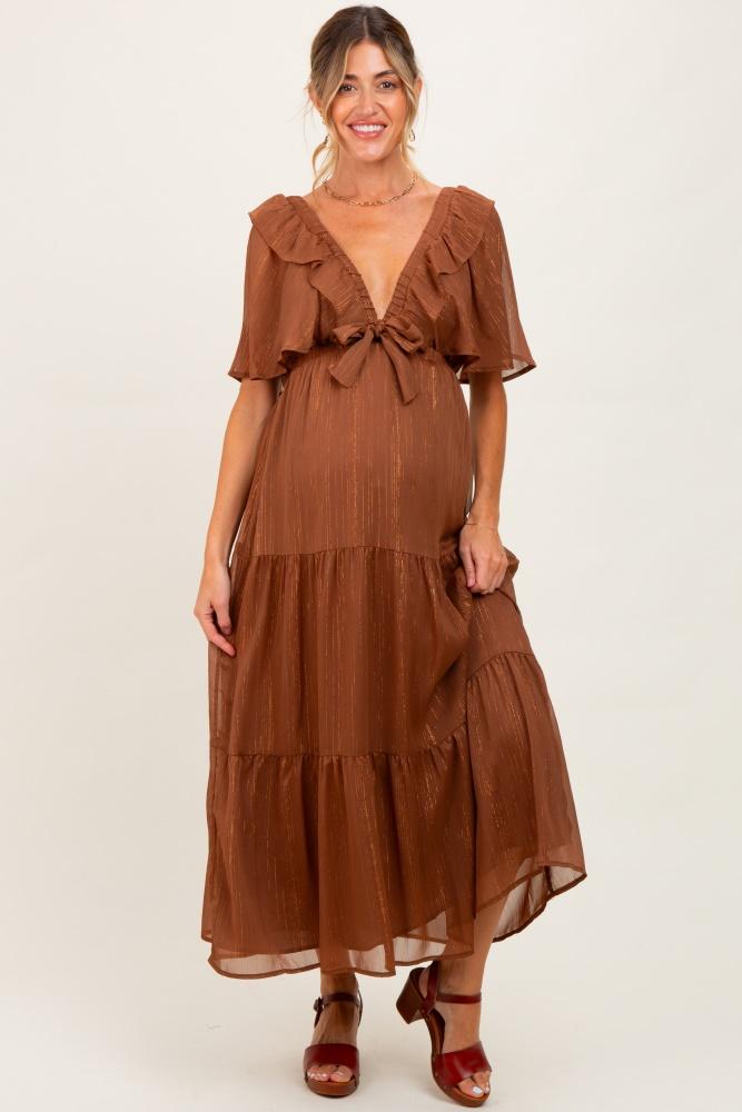brown metallic chiffon ruffle v-neck maternity midi dress